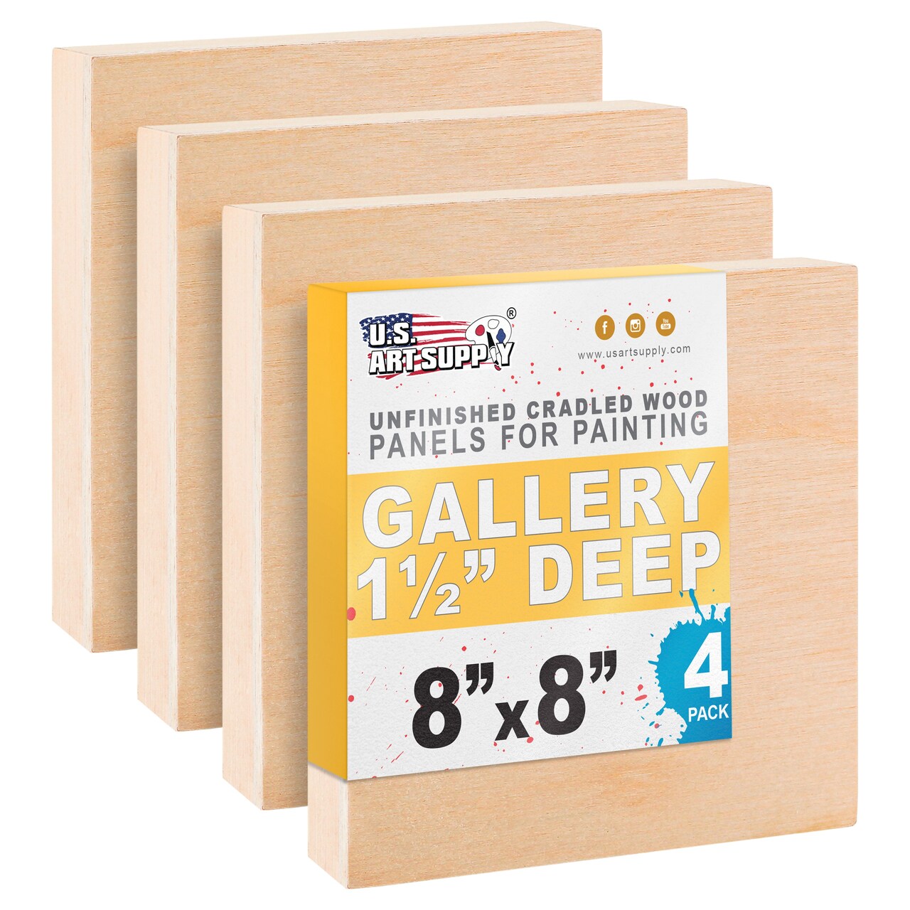 Unfinished Birch Wood Canvas Panels for Painting, 4 Pack of 8x8 inch - Artist Gallery 1-1/2" Deep, Square Wooden Wall - Mixed-Media Craft, Acrylic, Oil, Encaustic, Paint Pouring